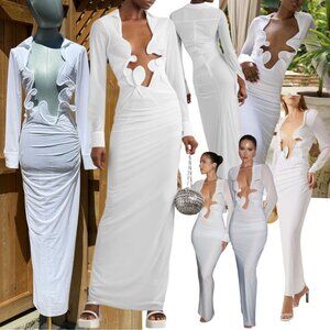 🆕 CHRISTOPHER ESBER 🧿 NWOT Venus Plunge Shirt Maxi Dress, White - Sz AU6 US 2